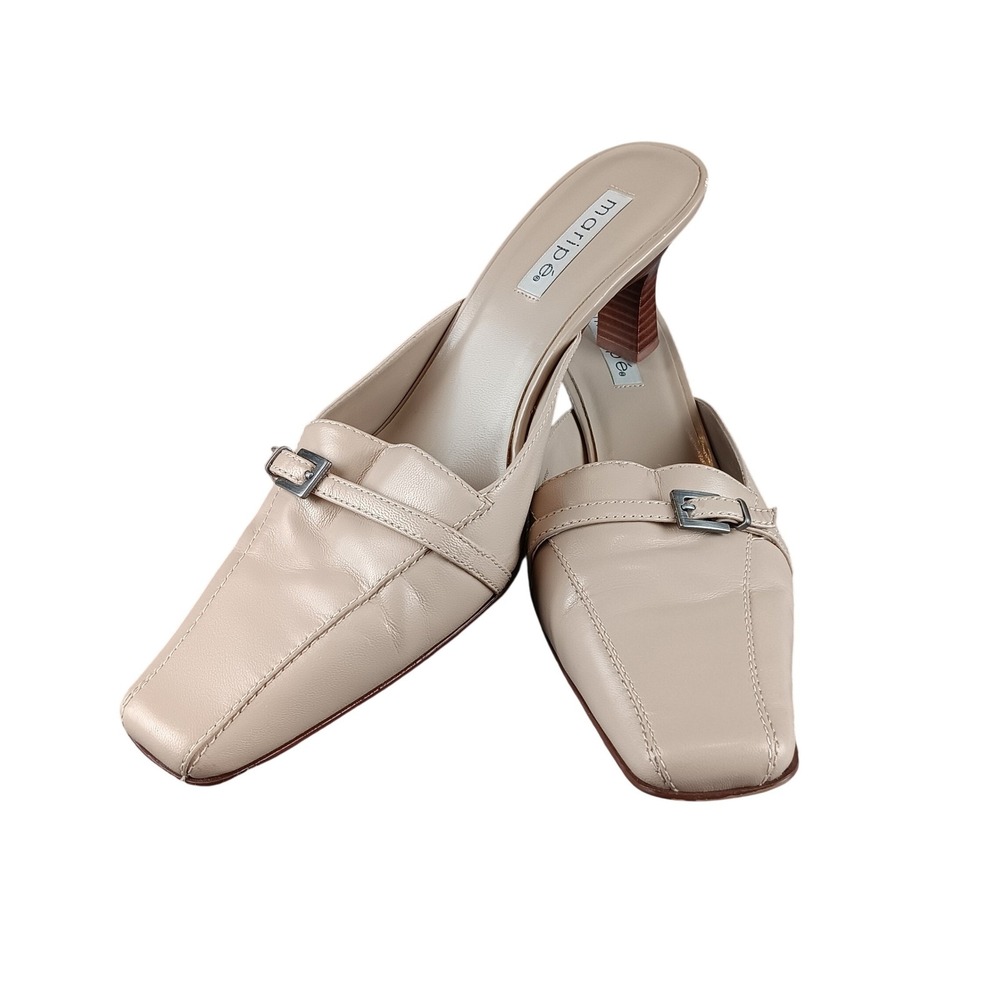 Maripe Mules Heels Beige Leather Square‎ Toe Buckle Slip On Women 10M